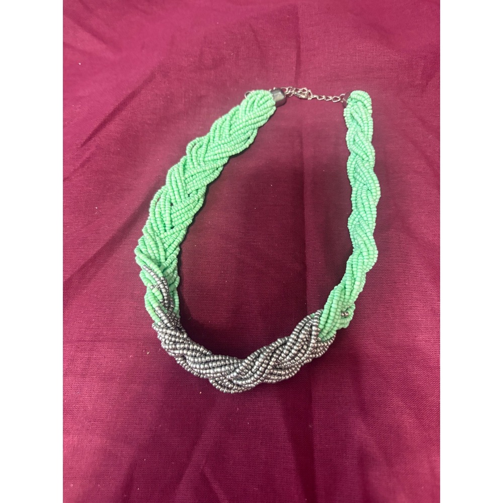 Turquoise & gray beaded braid necklace